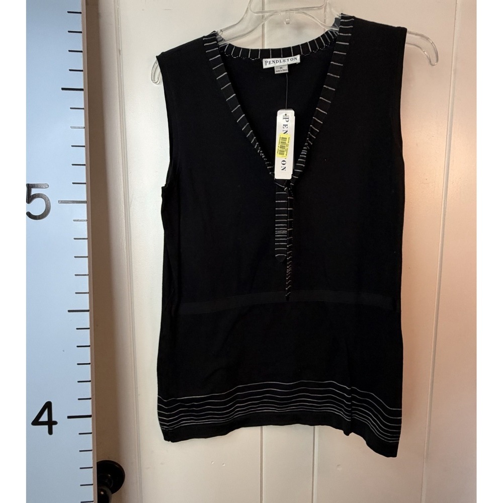 Pendleton Top NWT Black Pullover Knit Blouse With Stripe Tie Women Size Medium